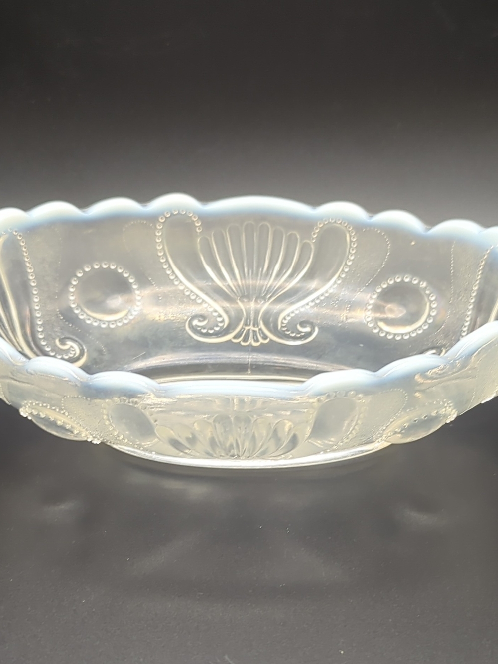 Antique Jefferson Glass Jewel & Fan Opalescent Oval Bowl 7" (1902-1903)